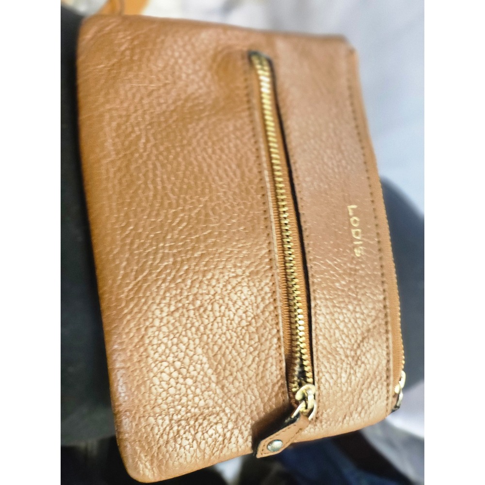 Lodis Tan Brown Pebbled Leather Wristlet Zip Pouch Clutch Bag